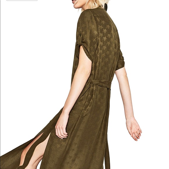NWT Zara Green Khaki Satin Star Print Shirt Dress - Picture 5 of 8